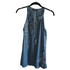 Andree by Unit Blue‎ Embroidered Boho Tank Top Special Acid Wash Rayon Tassel...
